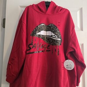 Red Women's Hoodie With Camo, Animal Print, Distressing